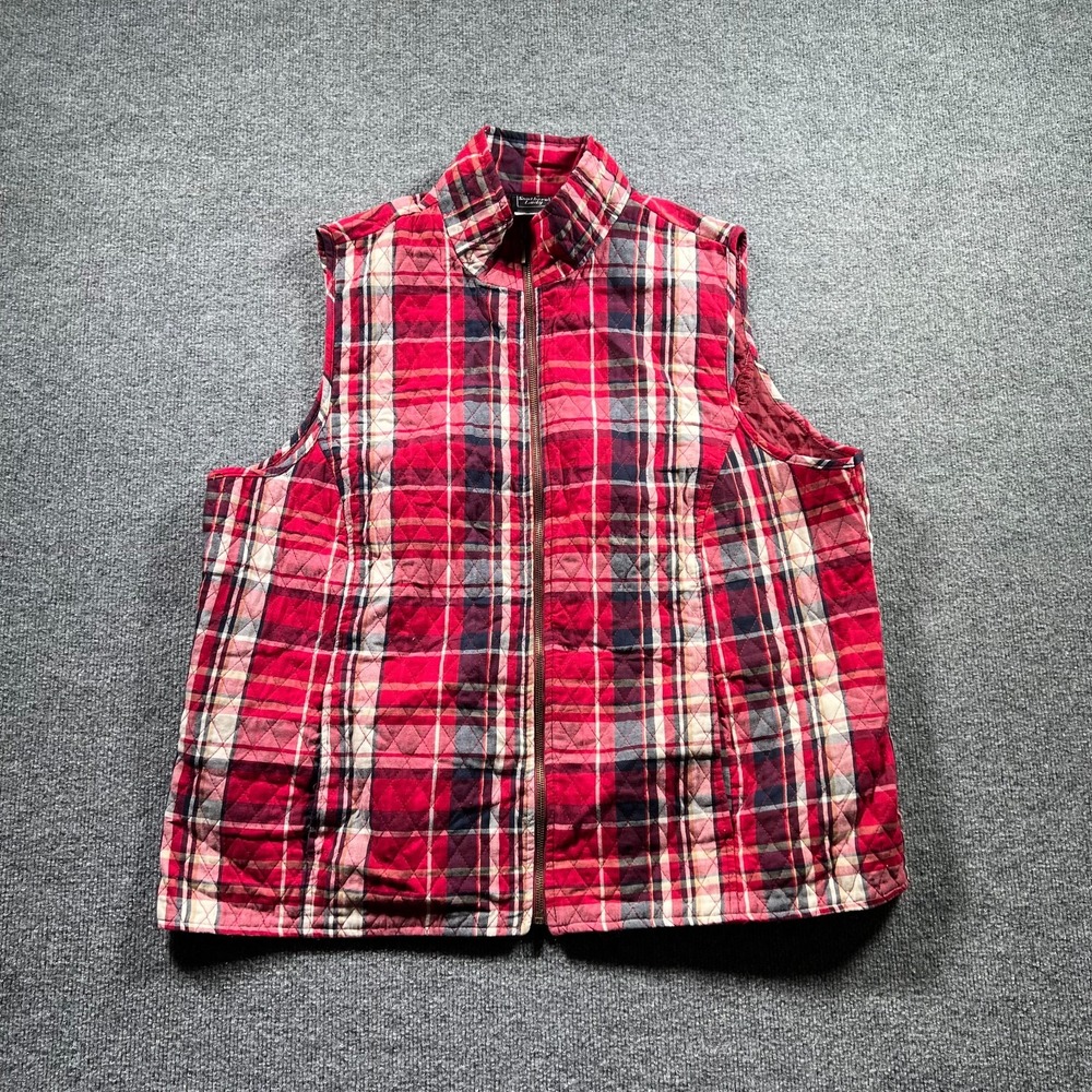 Southern Lady Quilted Vest Womens 2X Multicolor Plaid Full Zip Sleeveless Preppy